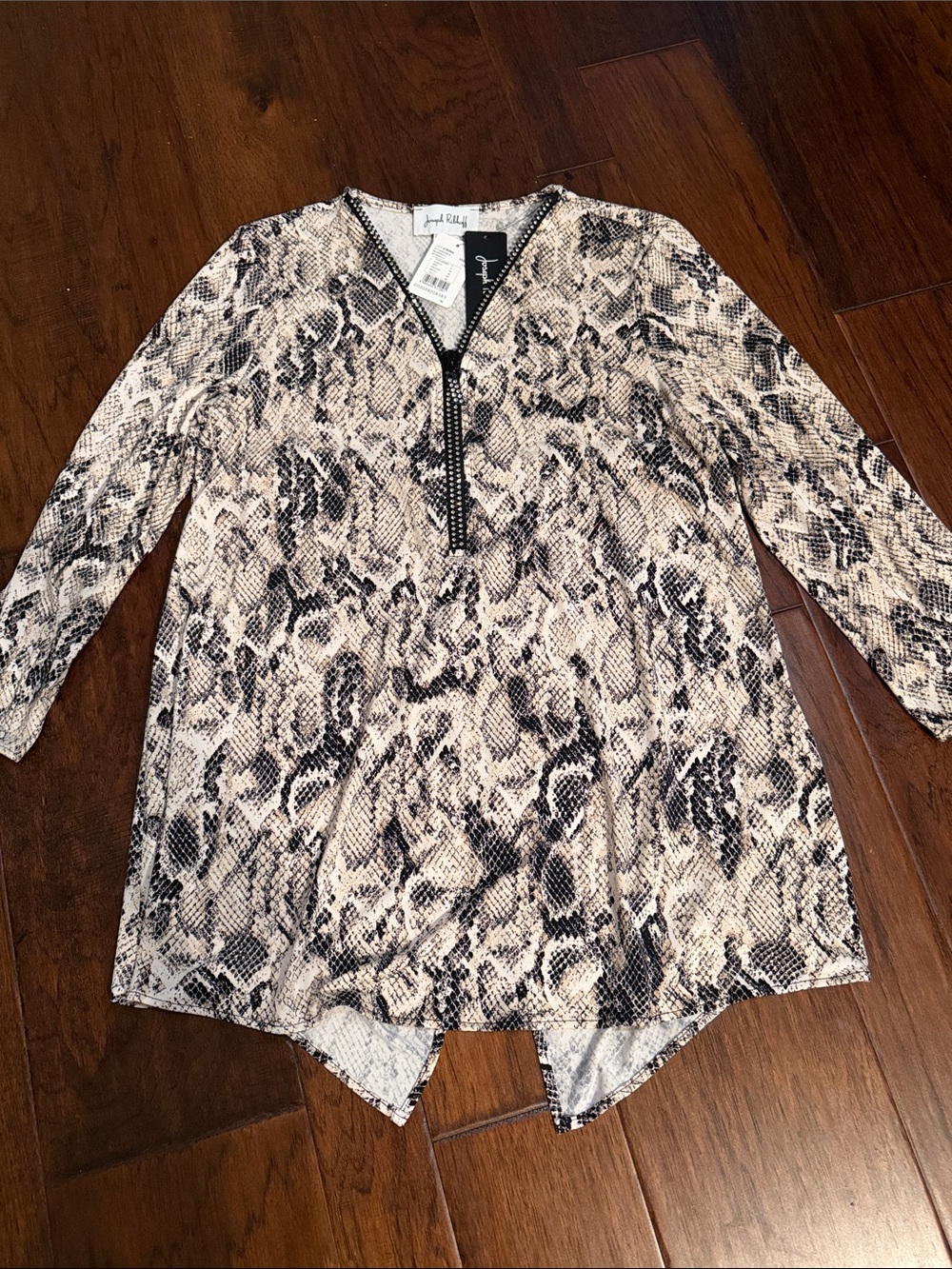 Joseph Ribkoff Black and Cream Snake-Print Zip-Front Tunic